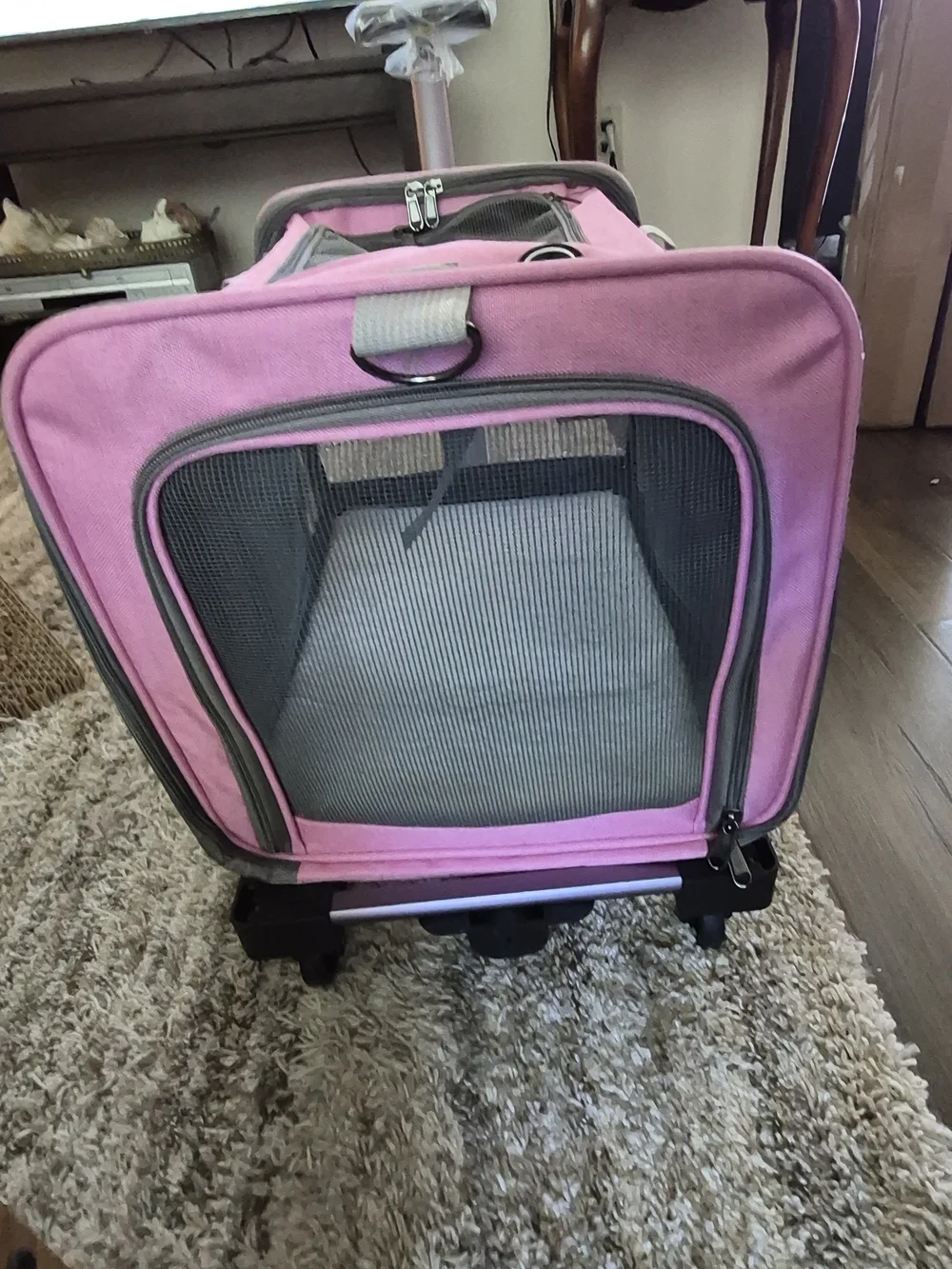 Pink Rolling Small Pet Carrier with Mesh Ventilation and Telescoping Handle